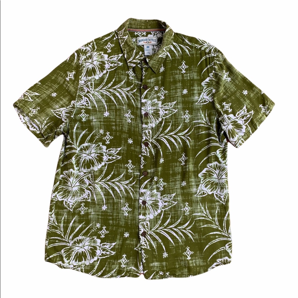 Margaritaville Green and White Hibiscus Print Shirt